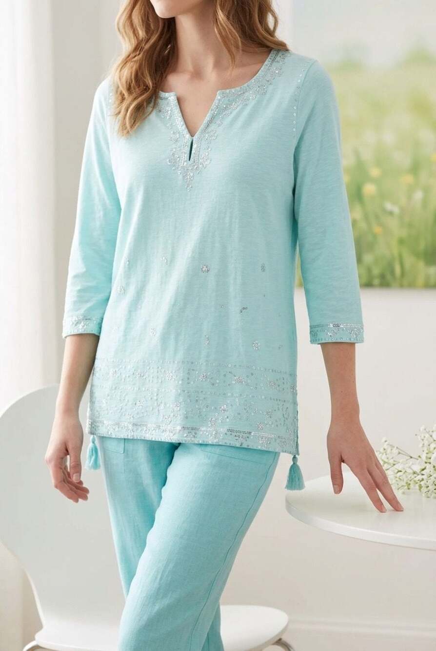 Soft Surroundings Aqua Sequin Embroidered Tassel Hem Knit Tunic Top #808